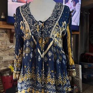 Elegant Floral Navy and Gold Blouse